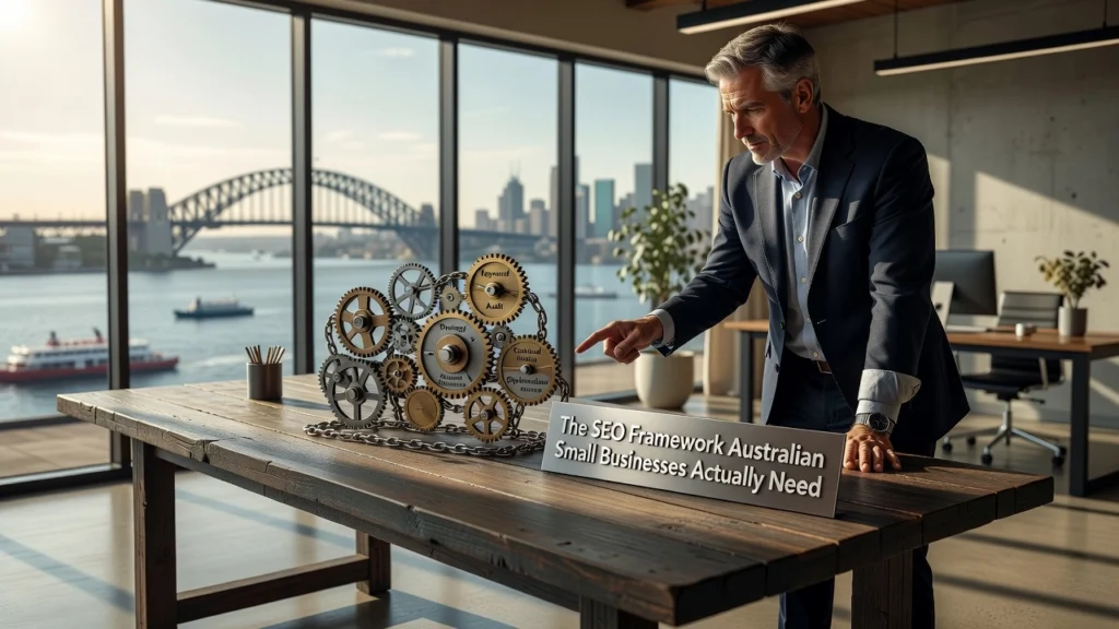 Professional header image for educational tutorial: The SEO Framework Australian Small Businesses Actually Need