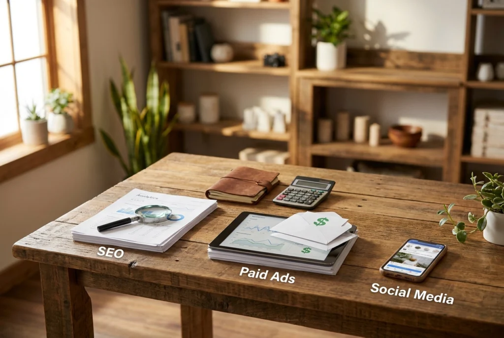 Professional header image for comparison analysis: SEO, Paid Ads or Social: Budget Split for Small Business